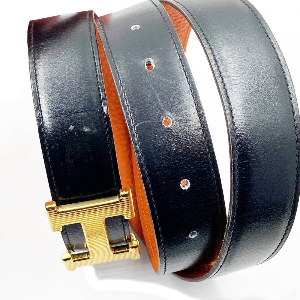 Hermes Rare Constance 35mm Gold Stripy H Black Orange Reversible Belt 90cm - Picture 4 of 4